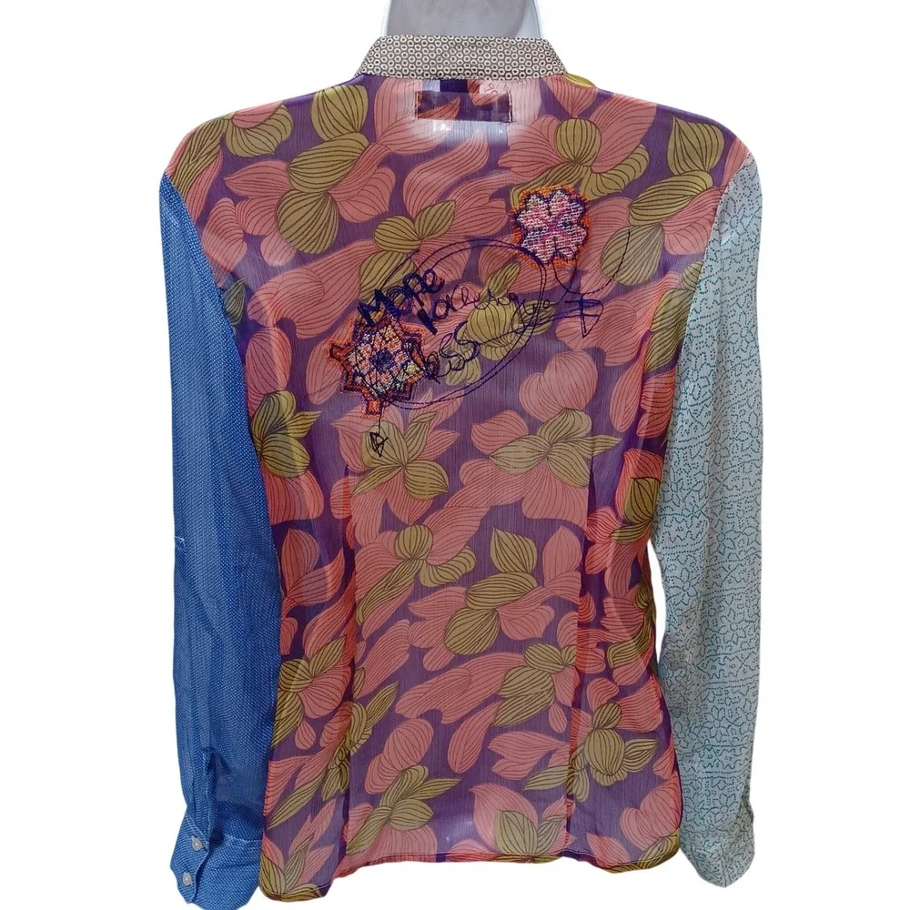 Desigual Women M Sheer Patchwork Embroidered Button Blouse Artsy Boho Maximalist